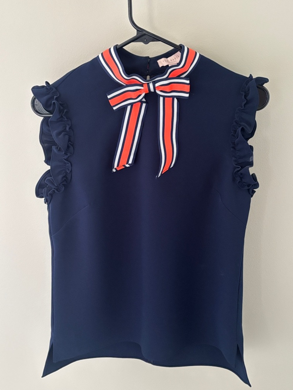 Ted Baker London Navy Sleeveless Bow-Neck Ruffle Top 1
